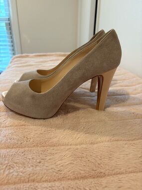 Vintage Marina Rinaldi Taupe Suede Peep-Toe High Heels